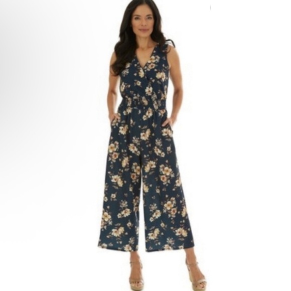 Apt. 9 Pants - Apt. 9 Floral V-Neckline Cinched Elastic Waist Wide-Leg Jumpsuit, Navy, Sz XL